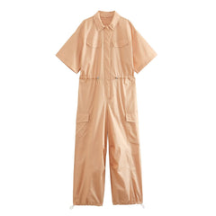 Solid Color Polo Collar Single Breasted Pocket Short Sleeve Long Pattern Shirt Jumpsuit