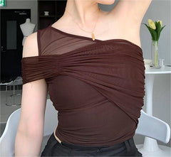 Reine Diagonal Kragen Eine Schulter Einfarbig Mesh Top Unregelmäßigen Asymmetrischen