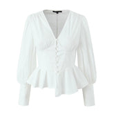 French Vintage Court V neck Single Breasted Lantern Sleeve Irregular Asymmetric White Shirt Waist Slim Fit Shirt