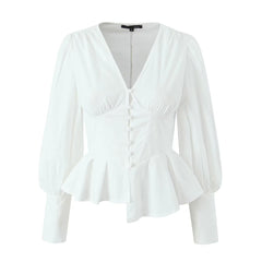 French Vintage Court V neck Single Breasted Lantern Sleeve Irregular Asymmetric White Shirt Waist Slim Fit Shirt