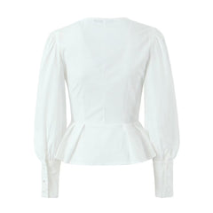 French Vintage Court V neck Single Breasted Lantern Sleeve Irregular Asymmetric White Shirt Waist Slim Fit Shirt