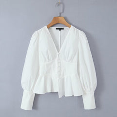 French Vintage Court V neck Single Breasted Lantern Sleeve Irregular Asymmetric White Shirt Waist Slim Fit Shirt