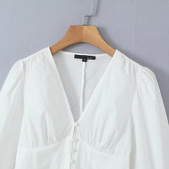 French Vintage Court V neck Single Breasted Lantern Sleeve Irregular Asymmetric White Shirt Waist Slim Fit Shirt