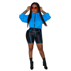 Wear Color Contrast Patchwork Long Sleeve Shorts Sports Suit