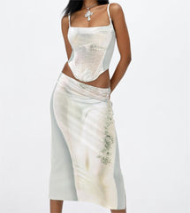 Elegant sets Positioning Printing Knitted Lace Up Three Dimensional Keel Small Top High Elastic Skirt