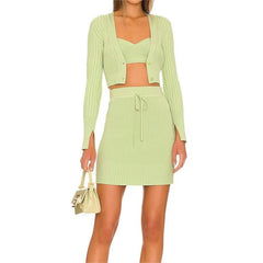 Cardigan tricoté à haute élasticité, haut caraco, jupe taille haute