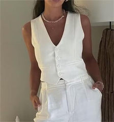 Gilet court sans manches à col en V décontracté français