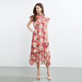 Ärmelloses Kleid mit Pilz-Spitzenkragen, zweiteiliges, bedrucktes, elegantes Kleid aus Seidenkrepp