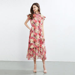 Fungus Lace Collar Sleeveless Dress Two Piece Printed Elegant Silk Crepe Dress