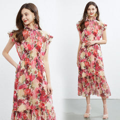 Fungus Lace Collar Sleeveless Dress Two Piece Printed Elegant Silk Crepe Dress
