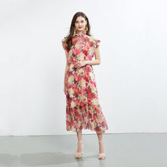 Fungus Lace Collar Sleeveless Dress Two Piece Printed Elegant Silk Crepe Dress