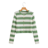 Early Round Neck Fresh Golden Row Buckle Striped Long Sleeve Knitted Coat