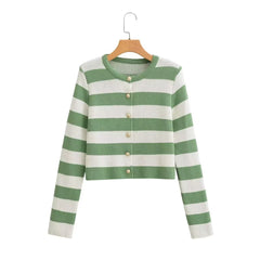 Early Round Neck Fresh Golden Row Buckle Striped Long Sleeve Knitted Coat