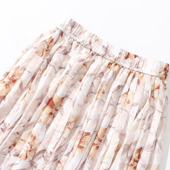 Chiffon Printed Dress Elastic High Waist Slimming Pleated Skirt A Line Midi Skirt