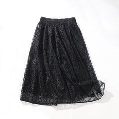 Retro Artistic Flocked Printed Elastic Waist A line Gauzy Skirt
