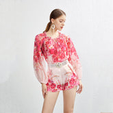 Niche Pilz-Spitzenpullover-Oberteil, Baumwollhemd, weites Bein, Shorts-Set, Gürtel