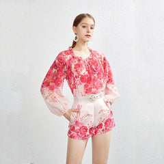 Niche Fungus Lace Pullover Top Cotton Shirt Wide Leg Shorts Set Belt
