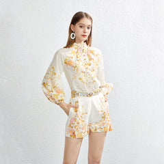 Two Piece Single breasted Positioning Printed Collar Shirt Top Shorts with Belt