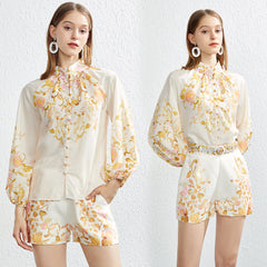 Two Piece Single breasted Positioning Printed Collar Shirt Top Shorts with Belt