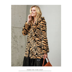 Super Thick Hooded Big Tiger Pattern Coat Furry Mid-Length Faux Fur Coat