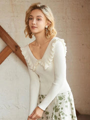 Pull élégant à revers et oreilles en bois, coupe slim