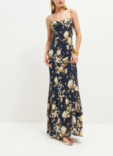 Robe mi-longue à imprimé rétro français, col en V, à lacets, coupe ajustée, fente latérale, pour les vacances en bord de mer