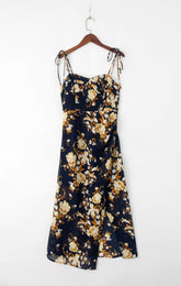 Robe mi-longue à imprimé rétro français, col en V, à lacets, coupe ajustée, fente latérale, pour les vacances en bord de mer