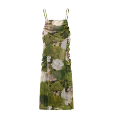 Plissiertes Seidennetz-Camisole-Kleid mit geradem Kragen