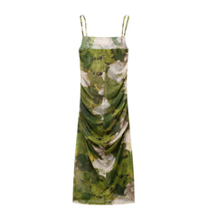 Plissiertes Seidennetz-Camisole-Kleid mit geradem Kragen