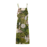 Plissiertes Seidennetz-Camisole-Kleid mit geradem Kragen