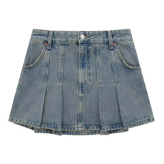 French All Matching Mid Waist Slim Fit Wide Pleated Denim Skirt