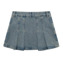 French All Matching Mid Waist Slim Fit Wide Pleated Denim Skirt