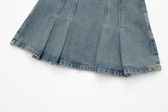 French All Matching Mid Waist Slim Fit Wide Pleated Denim Skirt