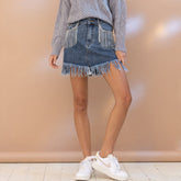 Jupe fourreau en jean à franges et strass multicolore