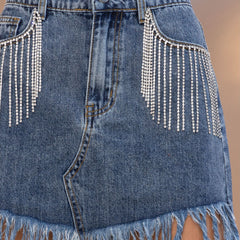 Skirt Rhinestone Fringed Sheath Denim Skirt Multi Color