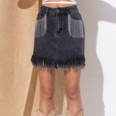 Jupe fourreau en jean à franges et strass multicolore