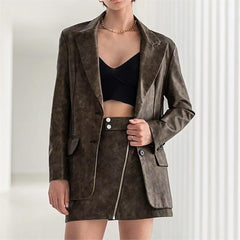 Gewaschener Lederanzug mit Reißverschluss, Motorradrock, Kunstlederrock-Set