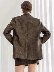 Gewaschener Lederanzug mit Reißverschluss, Motorradrock, Kunstlederrock-Set