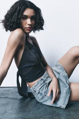 Double Breasted Denim Halterneck Vest Top