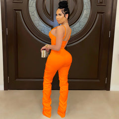 Solid Color Spaghetti Straps Chest Wrap Zipper Vest Pants Two Piece Set