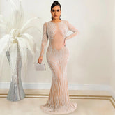 Nachtclub Strass Mesh Durchsichtiges Langarmkleid Kleid