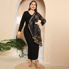 Plus Size Slim Belt Elegant Solid Color Dress