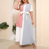 Plus Size Color Block Crew Neck Dress