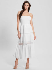 Robe longue à lacets et dos nu, robe blanche à bretelles en dentelle ajourée et découpée