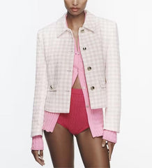 Wollmantel mit Karomuster und langen Ärmeln, Strickjacke mit Schnallen, Umlegekragen