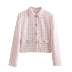 Wollmantel mit Karomuster und langen Ärmeln, Strickjacke mit Schnallen, Umlegekragen