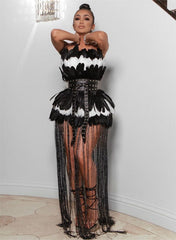 Tube Top Black White Feather Stitching Sleeveless Dress Waist Sequined Cocktail Party Dress