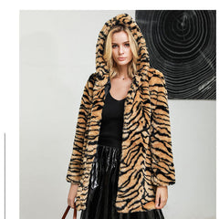 Super Thick Hooded Big Tiger Pattern Coat Furry Mid-Length Faux Fur Coat