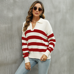 Pull à manches longues et col polo, pull ample à rayures et couleurs contrastées