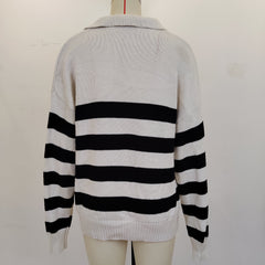 Pull à manches longues et col polo, pull ample à rayures et couleurs contrastées